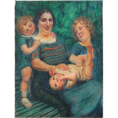 Anonymous "mother And Her Children" Oil On Canvas 73x60